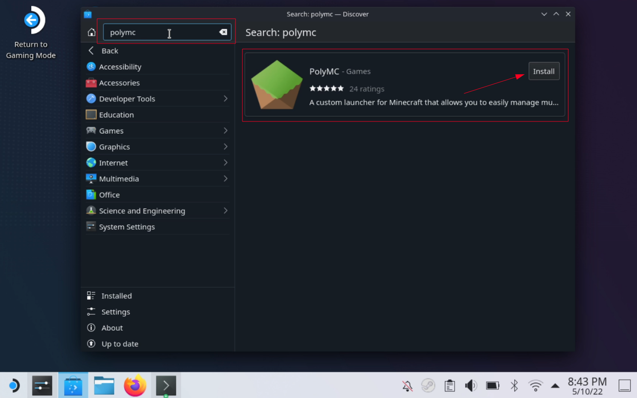 Inside the Discover app store, searching for PolyMC and clicking on the Install button